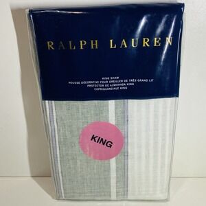 Ralph Lauren Oakview King Sham White Green Striped Cotton Linen Made in Portugal